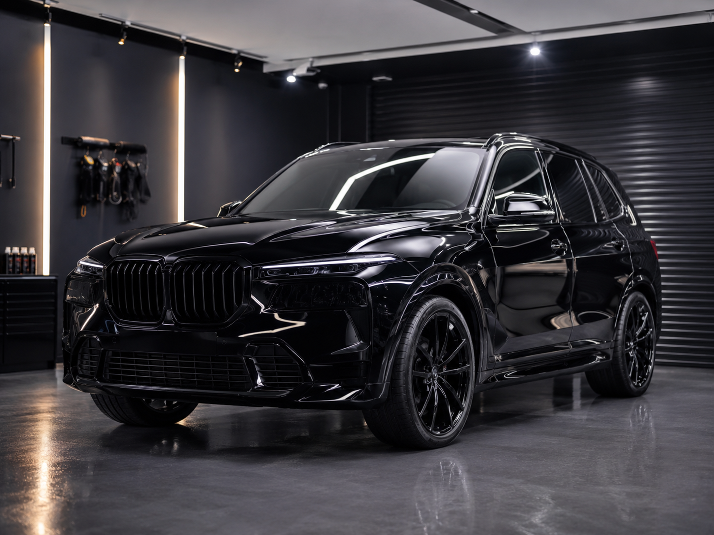 Detailed black SUV in a showroom-style garage
