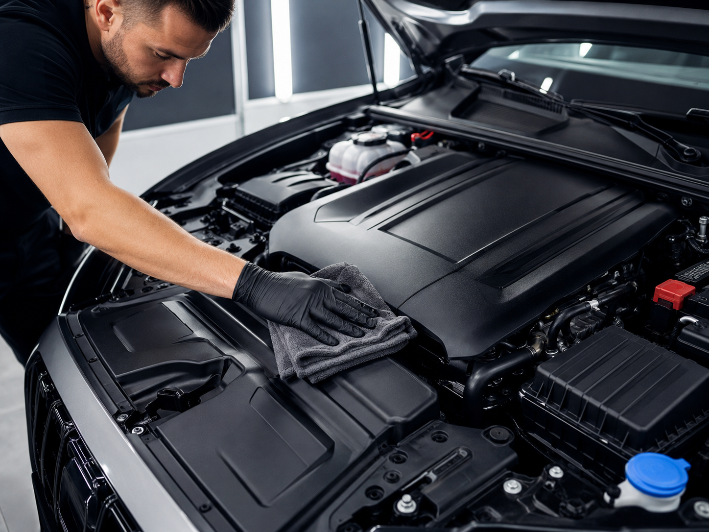 Technician cleaning a car engine bay