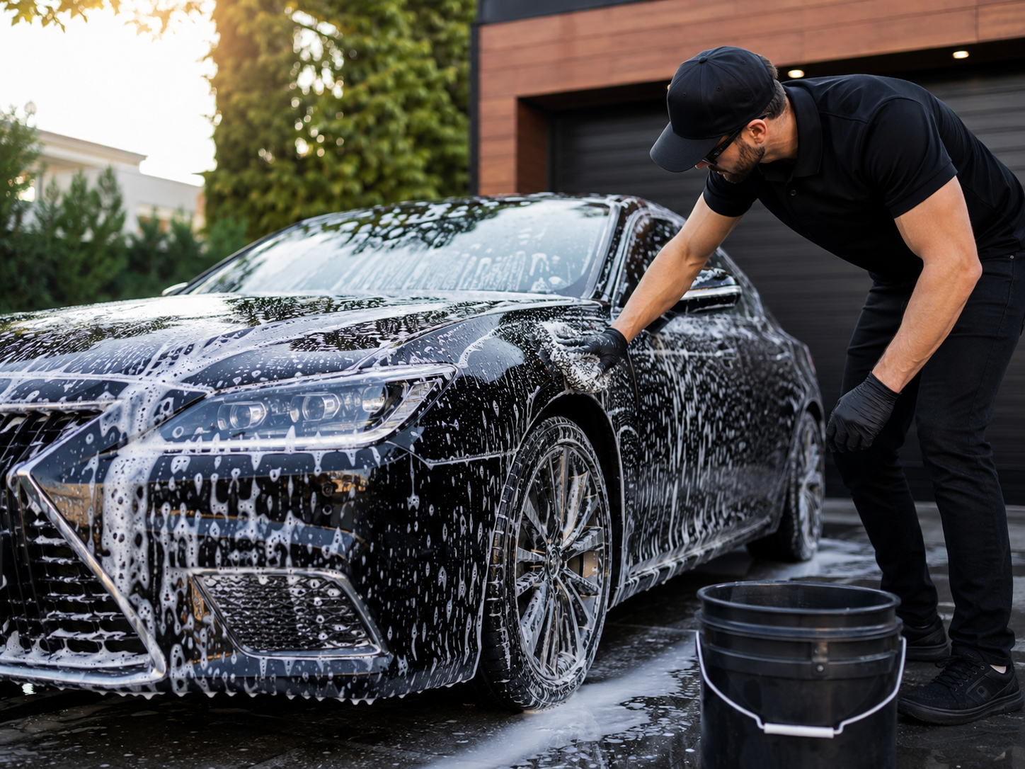Technician hand washing a car exterior